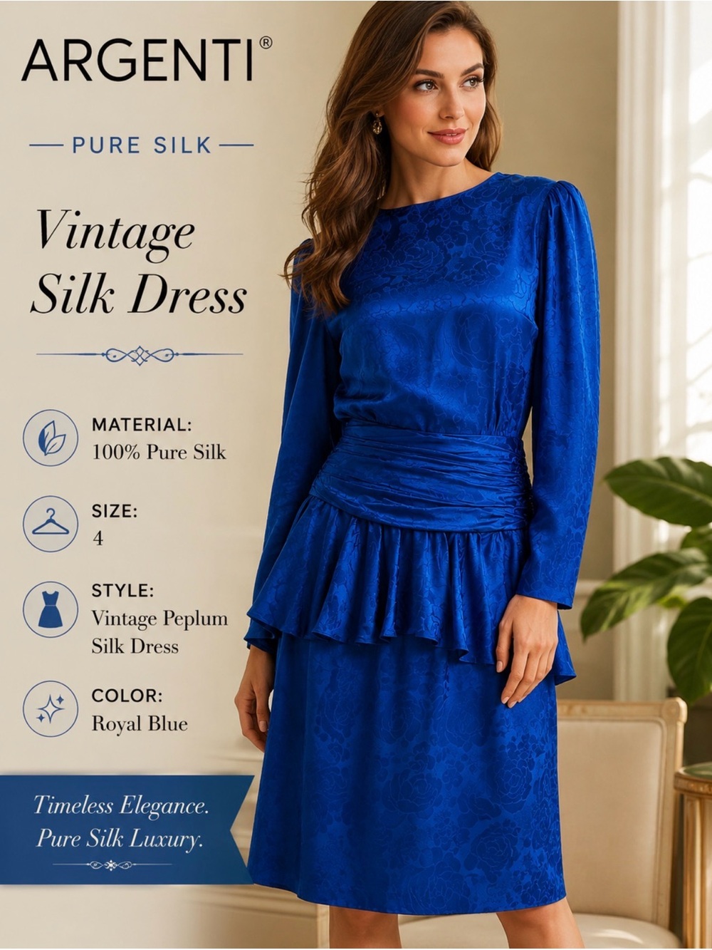 Argenti Royal Blue Long Sleeve Vintage Silk Peplum Dress